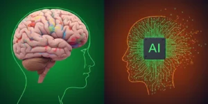 인간의 뇌와 AI의 뉴럴 네트워크가 서로 마주 보고 있는 생동감 넘치는 이미지