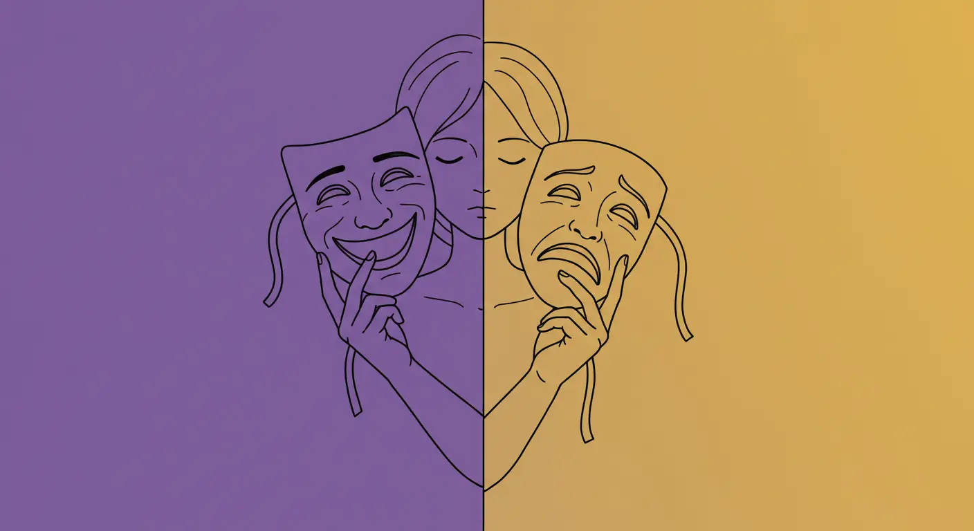 한쪽은 웃는 가면을, 다른 쪽은 슬픈 가면을 들고 있는 사람의 모습