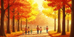 다채로운 색상의 단풍나무와 노란 은행나무가 어우러진 숲길을 한가롭게 산책하는 사람들의 뒷모습