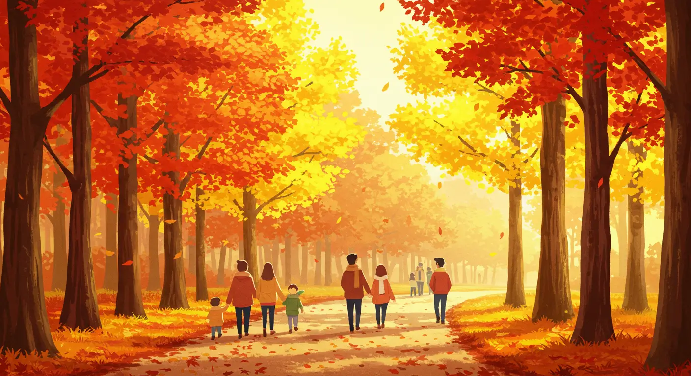  다채로운 색상의 단풍나무와 노란 은행나무가 어우러진 숲길을 한가롭게 산책하는 사람들의 뒷모습  