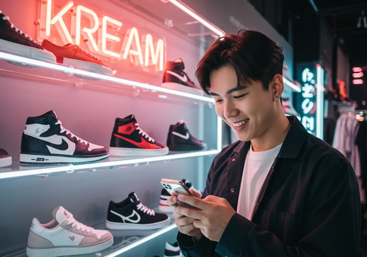 한정판 스니커즈 여러 켤레가 선반에 진열되어 있고, 한 청년이 스마트폰으로 KREAM 앱을 확인하며 만족스럽게 미소 짓고 있는 모습