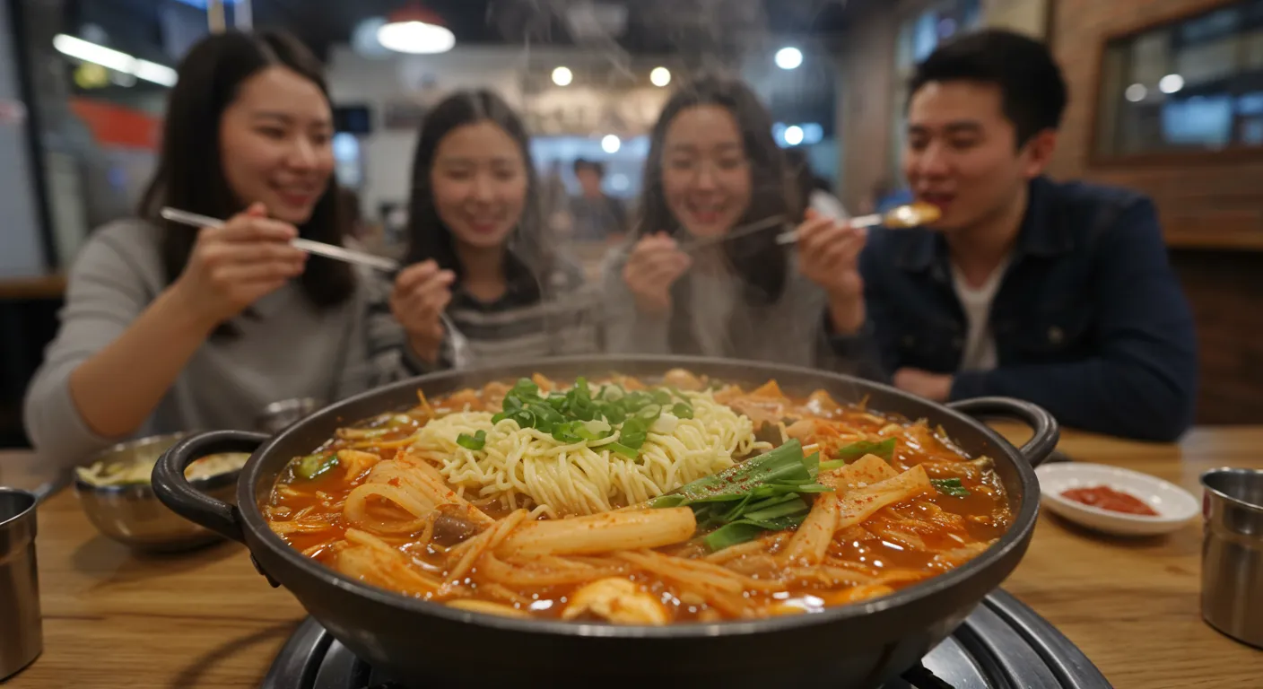 다양한 채소, 면, 고기가 들어간 먹음직스러운 마라탕 한 그릇이 김을 내뿜고 있는 모습