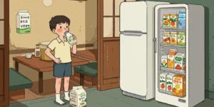 목욕을 마친 한 아이가 허리에 손을 얹고 삼각형 비닐 우유(삼각포리)를 마시고 있는모습