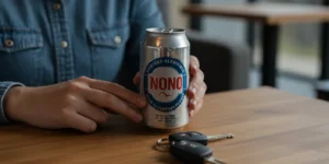 한 사람이 무알콜 맥주 캔의 라벨을 확인하고 있고, 테이블 위에는 자동차 키가 놓여 있는 모습