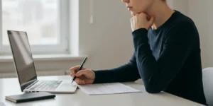 책상에 앉은 사람이 하나의 작업에 차분하고 집중된 표정으로 바라보는 모습
