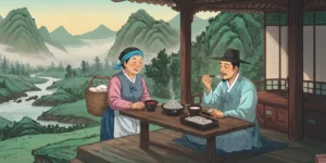 조선시대의 한 선비가 정자에서 배달 온 냉면을 맛있게 먹고 있는 모습