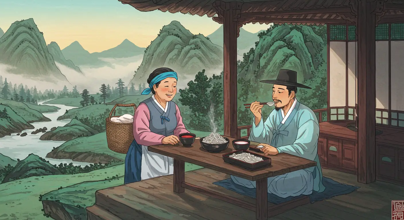 조선시대의 한 선비가 정자에서 배달 온 냉면을 맛있게 먹고 있는 모습