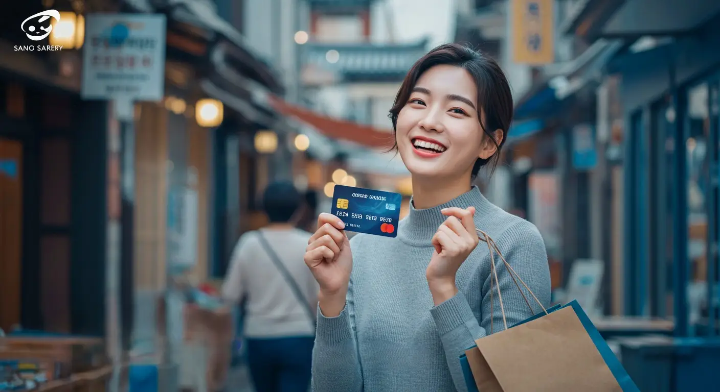 밝고 희망적인 분위기에서, 한 손에는 신용카드를 들고 다른 한 손으로는 상점에서 물건을 구매하며 활짝 웃고 있는 사람의 모습