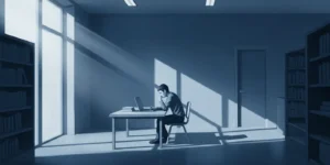현대적이고 미니멀한 도서관에서 한 사람이 책상에 앉아 깊은 생각에 잠겨 있는 모습