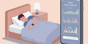 편안한 침실에서 스마트워치를 착용한 젊은 직장인이 평화롭게 잠들어 있는 모습