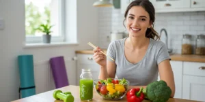 20대 여성이 주방에서 활짝 웃으며 다채로운 색상의 채소가 담긴 샐러드 볼과 제로 칼로리 음료를 들고 있는 모습