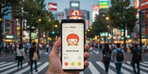 일본의 상징적인 시부야 교차로를 배경으로, 한 여행객이 Airalo 앱이 켜진 스마트폰을 들고 있는 모습