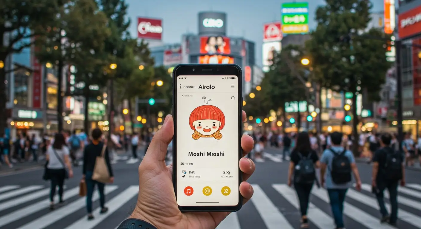 스마트폰 화면에 'Moshi Moshi'라는 일본어와 함께 데이터 사용량이 표시되어 있는 모습