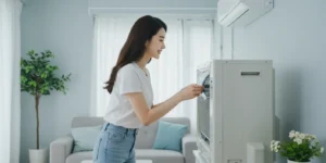 에어컨필터청소를 마치고 만족스럽게 웃고있는 모습