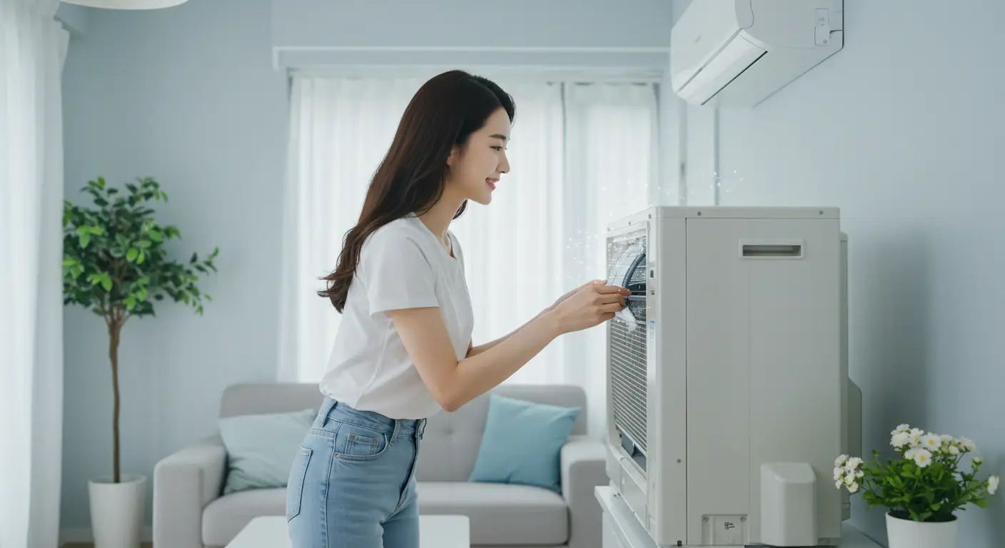 에어컨필터청소를 마치고 만족스럽게 웃고있는 모습  