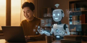 서재에서 한 사람이 노트북 앞에 앉아 미소 짓고 있고,옆에서는 친근한 로봇 아이콘 형태의 AI 에이전트가 업무를 돕고있는 모습