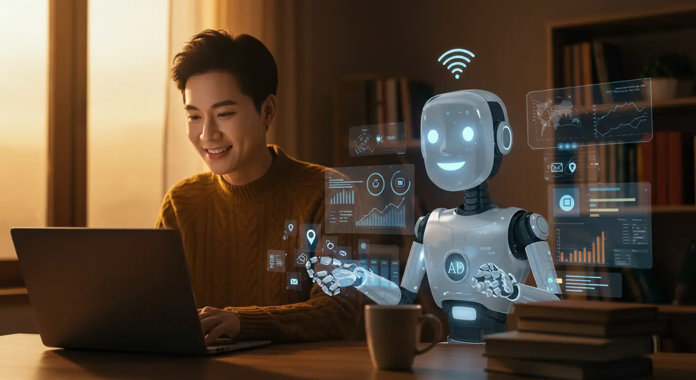 서재에서 한 사람이 노트북 앞에 앉아 미소 짓고 있고,옆에서는 친근한 로봇 아이콘 형태의 AI 에이전트가 업무를 돕고있는 모습