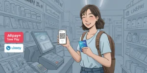 일본상점에서 양손에 결제카드를 들고 미소짓고있는 여행객 모습