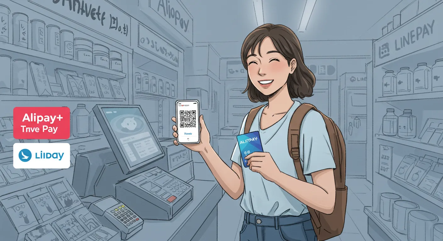 일본상점에서 양손에 결제카드를 들고 미소짓고있는 여행객 모습
