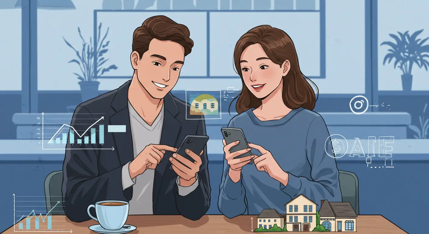 스마트폰으로 미술품, 부동산 등 다양한 자산의 조각 투자 그래프를 확인하며 미소 짓는 20대 남성과 여성의 모습. 