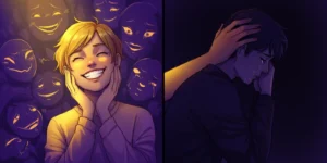 한 사람은 밝은 빛 속에서 환하게 웃고 있지만 주변에 질투의 시선들이 느껴지고, 다른 한 사람은 어두운 곳에서 슬퍼하고 있지만 등 뒤에서 따뜻한 손길이 감싸주는 모습