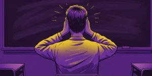 칠판소리때문에 귀를 막고 있는 모습