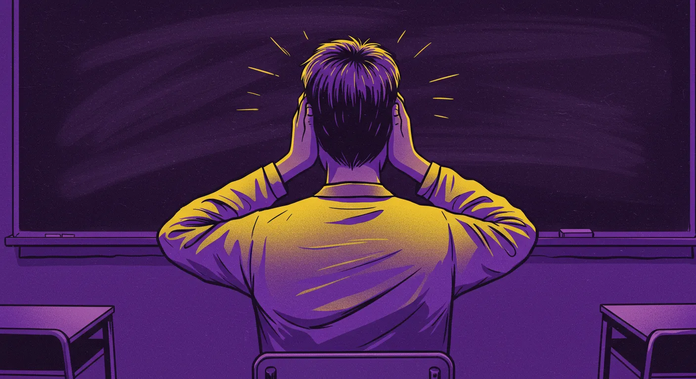 칠판소리때문에 귀를 막고 있는 모습