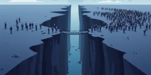 넓고 깊은 협곡(캐즘)을 사이에 두고, 한쪽 편에는 소수의 미래지향적인 사람들(초기 수용자)이, 반대편에는 다수의 평범한 사람들(주류 시장)이 서 있는 모습