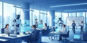 4차 산업혁명 기술인 인공지능 로봇과 인간이 사무실에서 함께 협력하며 일하는 미래적인 이미지