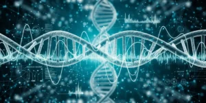 DNA 나선 구조와 혈당 수치를 나타내는 그래프가 미래적인 의료 기술 배경과 함께 어우러진이미지