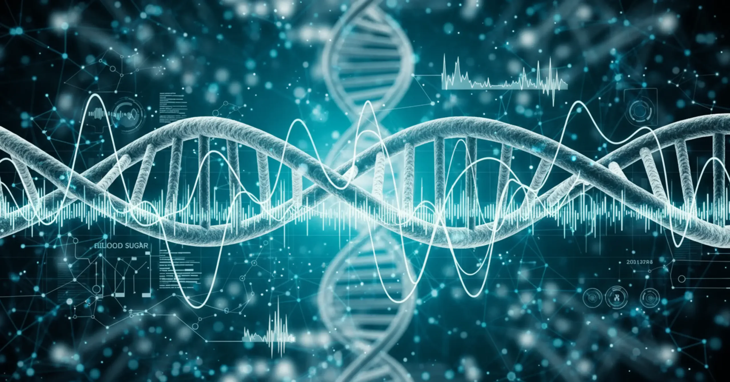 DNA 나선 구조와 혈당 수치를 나타내는 그래프가 미래적인 의료 기술 배경과 함께 어우러진이미지