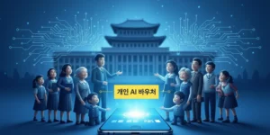 선명하게 빛나는 스마트폰 화면이 부각되어 있으며, 화면 위에는 '전국민 AI 바우처'라는 문구가 깔끔한 노란색 글씨로 또렷하게 떠 있고 이 화면을 어린아이부터 노인까지 다양한 연령대의 사람들이 기대감과 희망에 찬 표정으로 응시하고 있는모습