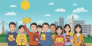 노동자의 권리를 상징하는 노란색 봉투와 법전을 함께 들고 있는 사람들 이미지