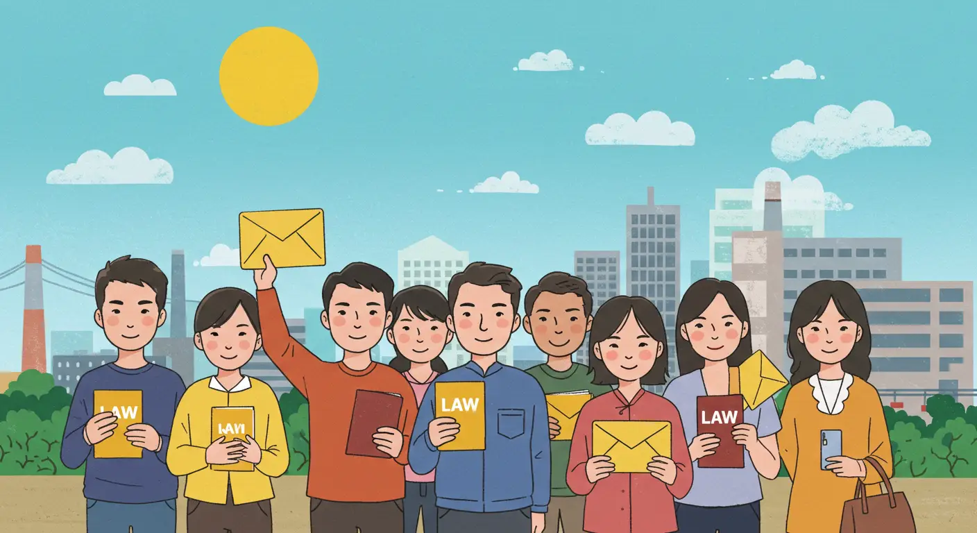 노동자의 권리를 상징하는 노란색 봉투와 법전을 함께 들고 있는 사람들 이미지