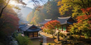 보라색과 노란색 단풍이 살짝 물든 나무들 사이로 보이는 전통적인 한국 사찰 이미지