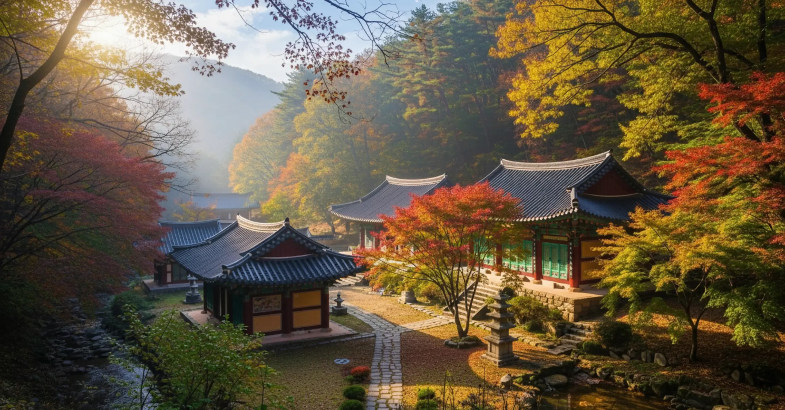  보라색과 노란색 단풍이 살짝 물든 나무들 사이로 보이는 전통적인 한국 사찰 이미지    