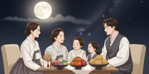 보름달이 밝게 뜬 가을 밤하늘 아래, 현대적인 한복을 입은 가족이 송편과 과일이 놓인 소반을 앞에 두고 행복하게 웃으며 담소를 나누는 모습