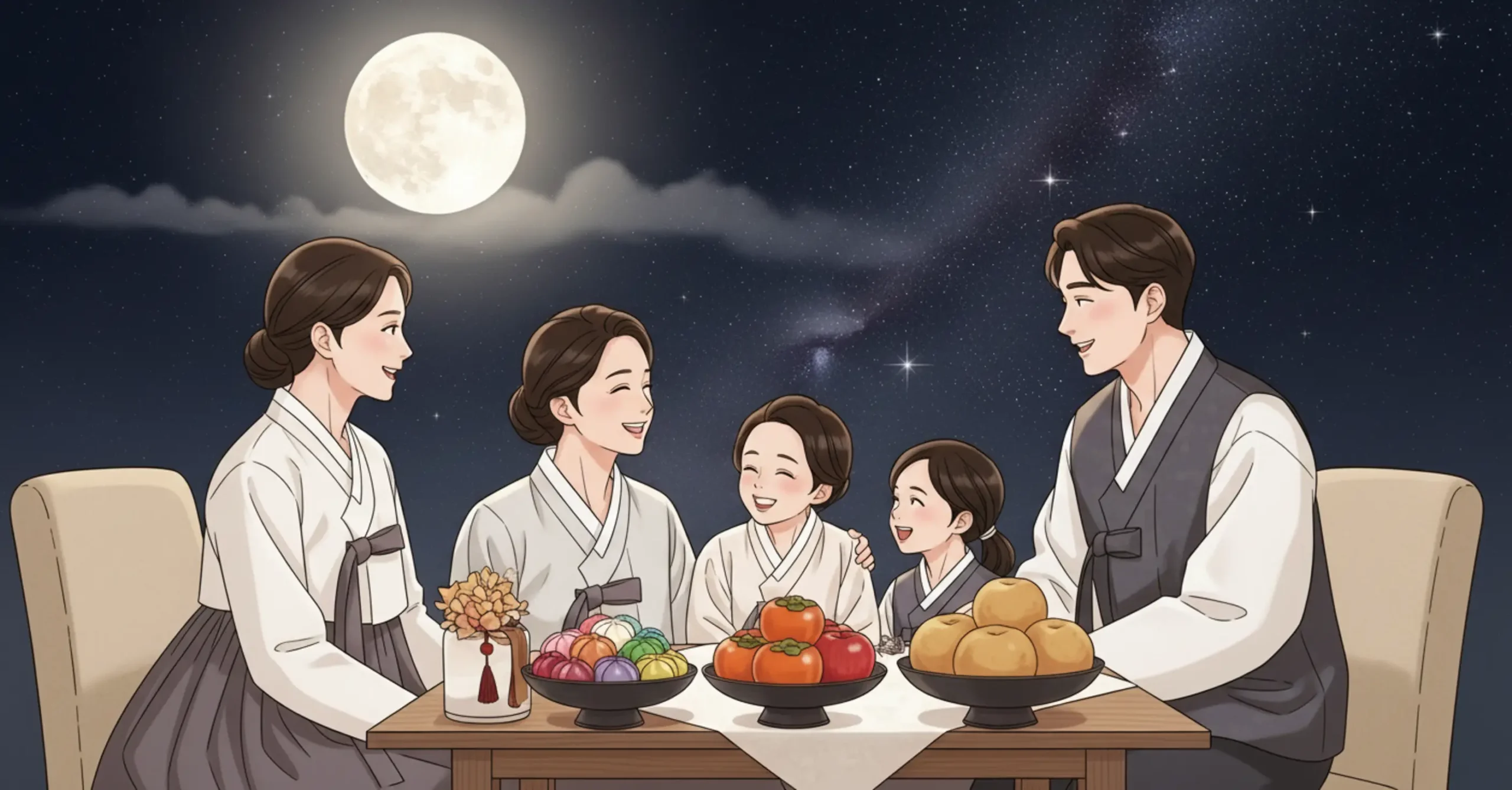 보름달이 밝게 뜬 가을 밤하늘 아래, 현대적인 한복을 입은 가족이 송편과 과일이 놓인 소반을 앞에 두고 행복하게 웃으며 담소를 나누는 모습