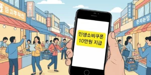 민생회복 소비쿠폰 10만원 지급 '라는 알림이 떠 있고, 그 옆으로 활기찬 전통시장과 상점가를 배경으로 장바구니를 든 행복한 표정의 사람들이 지나가는 모습