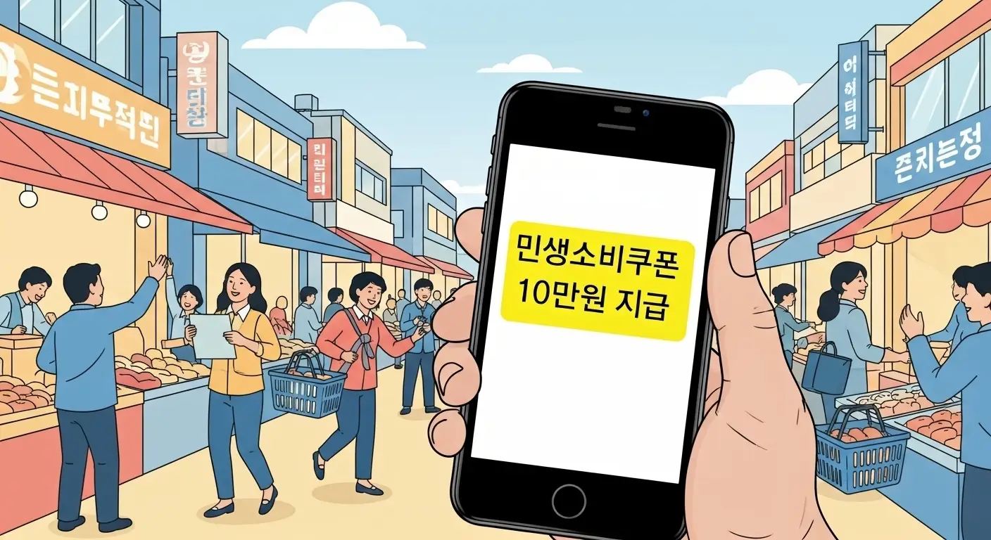 스마트폰 화면에 ' 민생회복 소비쿠폰 10만원 지급 '라는 알림이 떠 있고, 그 옆으로 활기찬 전통시장과 상점가를 배경으로 장바구니를 든 행복한 표정의 사람들이 지나가는 모습