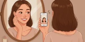 한 여성이 거울 속 자신을 보며 미소 짓고 있지만, 그녀가 들고 있는 스마트폰 화면 속 사진에는 어색한 표정의 얼굴이 보이는 모습