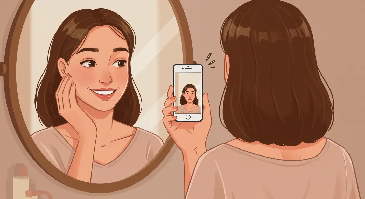 한 여성이 거울 속 자신을 보며 미소 짓고 있지만, 그녀가 들고 있는 스마트폰 화면 속 사진에는 어색한 표정의 얼굴이 보이는 모습