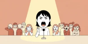 한 사람이 과장되게 큰 머리로 스포트라이트를 받으며 열정적으로 말하고 있고, 주변 사람들은 등지고 있거나 지루한 표정을 짓고 있는 모습