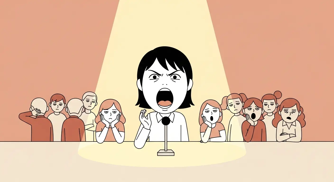 한 사람이 과장되게 큰 머리로 스포트라이트를 받으며 열정적으로 말하고 있고, 주변 사람들은 등지고 있거나 지루한 표정을 짓고 있는 모습 