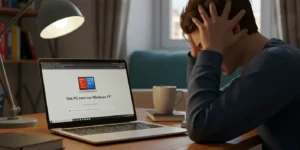 노트북 화면에 '이 PC에서는 Windows 11을 실행할 수 없습니다'라는 오류 메시지가 떠 있고, 한 젊은 남성이 머리를 감싸 쥐며 좌절하고 있는 모습.