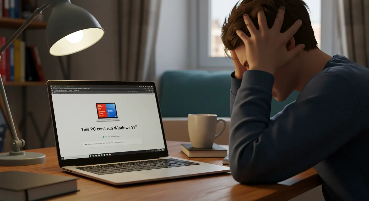 노트북 화면에 '이 PC에서는 Windows 11을 실행할 수 없습니다'라는 오류 메시지가 떠 있고, 한 젊은 남성이 머리를 감싸 쥐며 좌절하고 있는 모습.
