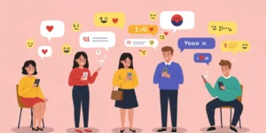 다양한 국적의 사람들이 스마트폰을 들고 즐겁게 메시지를 주고받는 모습.