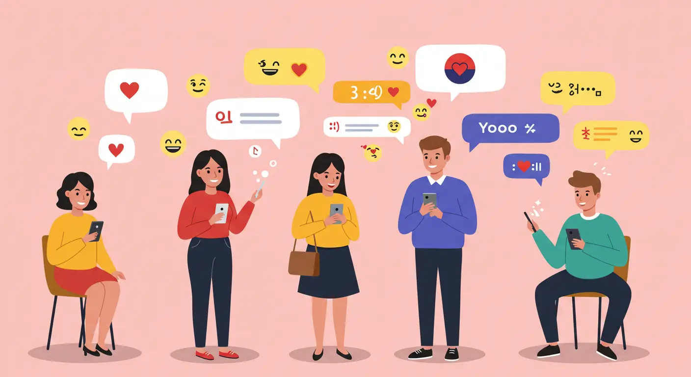 다양한 국적의 사람들이 스마트폰을 들고 즐겁게 메시지를 주고받는 모습.
