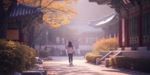 따뜻하고 부드러운 보라색 톤의 사진으로, 여행객이 사찰 근처의 고요한 길을 평화롭게 걷고 있는 모습