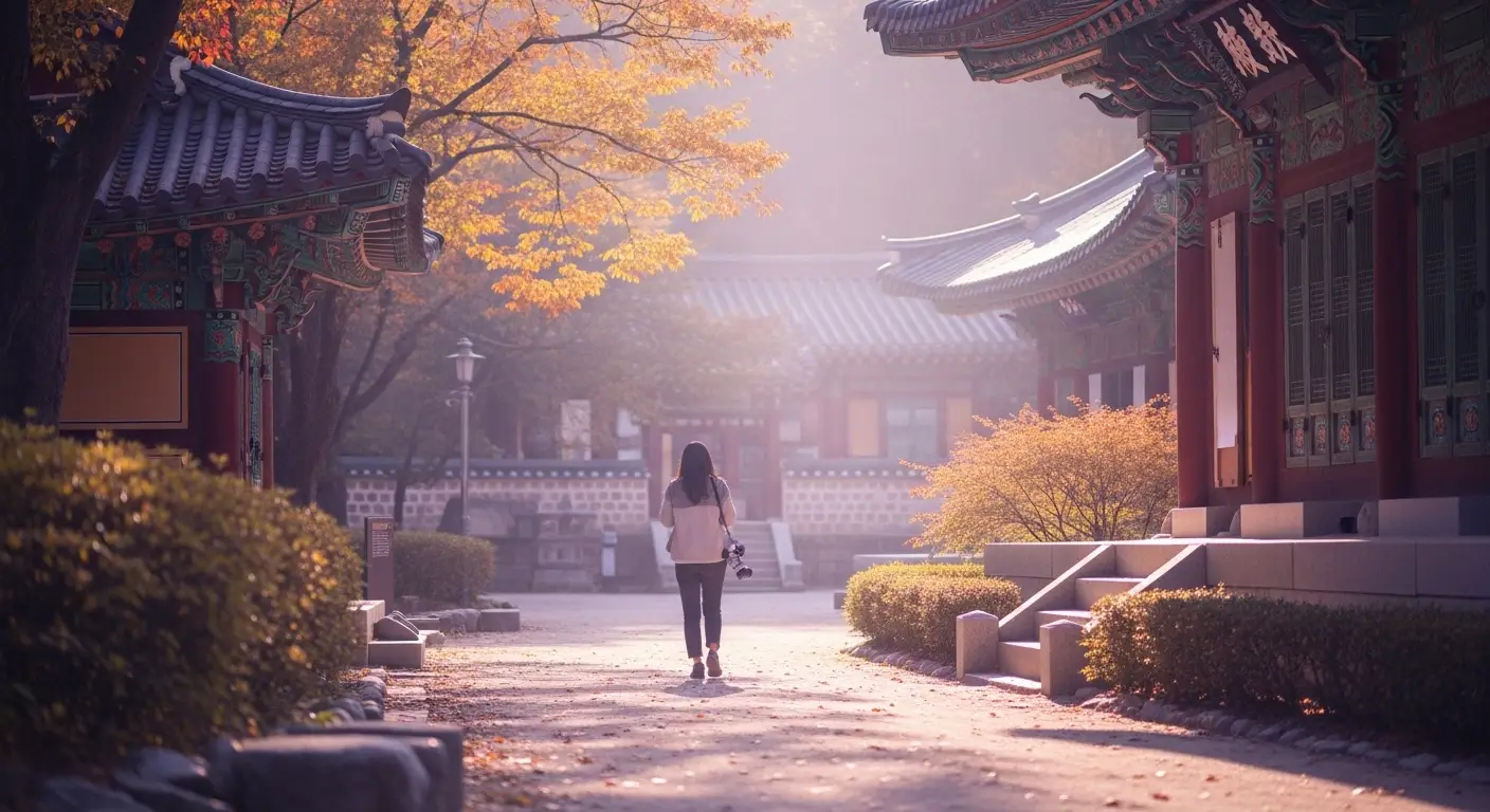  따뜻하고 부드러운 보라색 톤의 사진으로, 여행객이 사찰 근처의 고요한 길을 평화롭게 걷고 있는 모습 